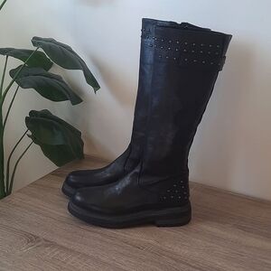 EMANUELE CRASTO Italian Black Leather Studded Knee High Boots NWT